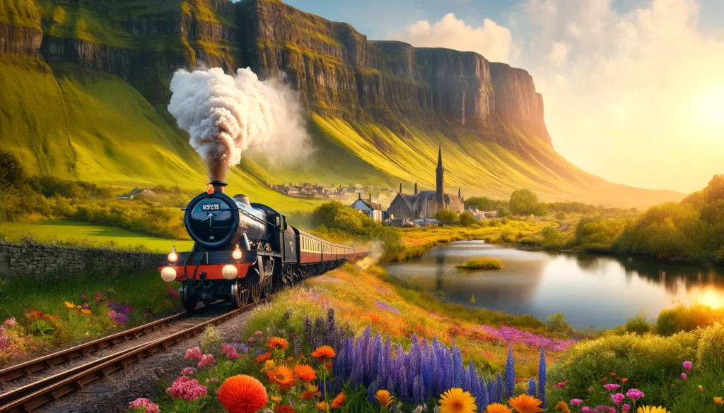 DALL·E 2024-05-30 19.00.39 - A scenic film scene featuring an English A4 steam train with white smoke billowing from its chimney, traveling through a picturesque, blooming landsca