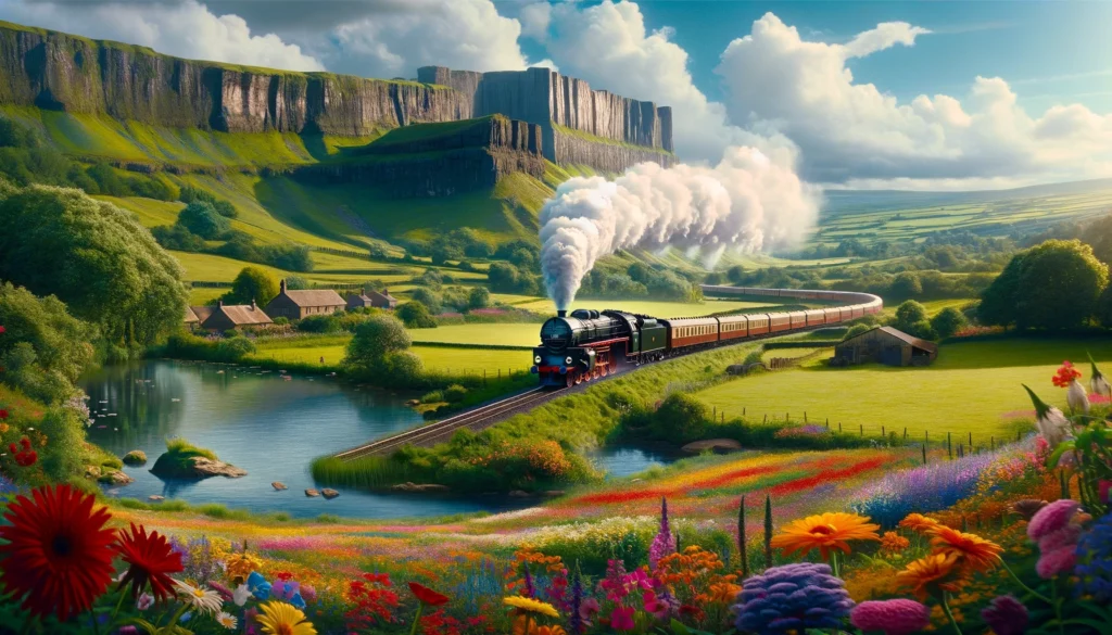 DALL·E 2024-05-30 19.02.17 - A scenic film scene featuring The LNER Class A4 steam train with white smoke billowing from its chimney, traveling through a picturesque, blooming lan