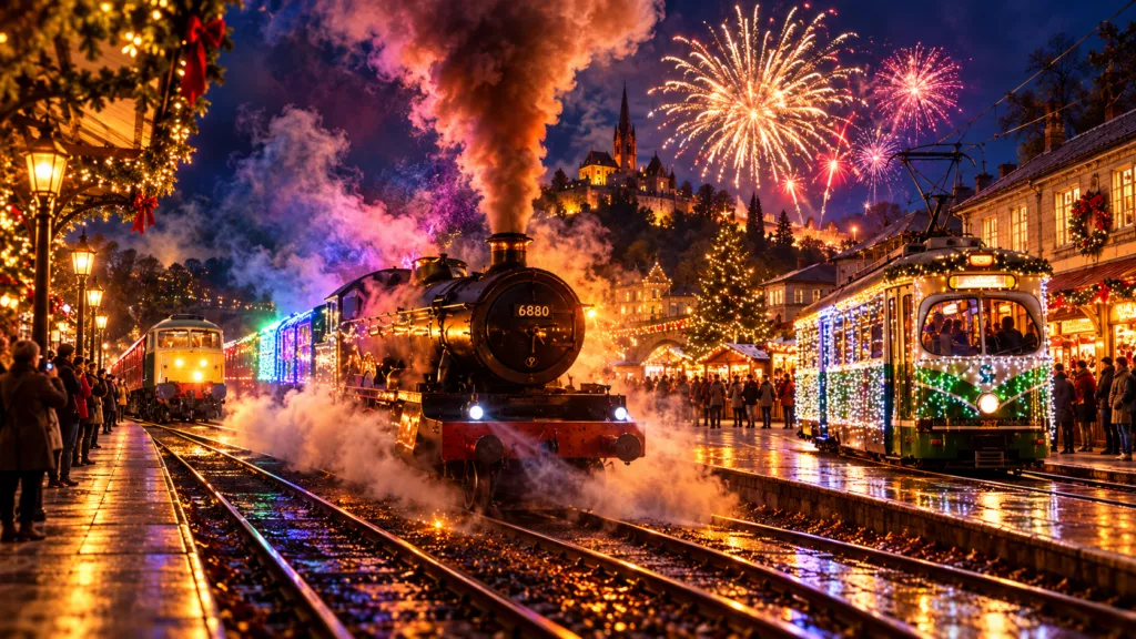 Festive Steam, Tram, and Fireworks